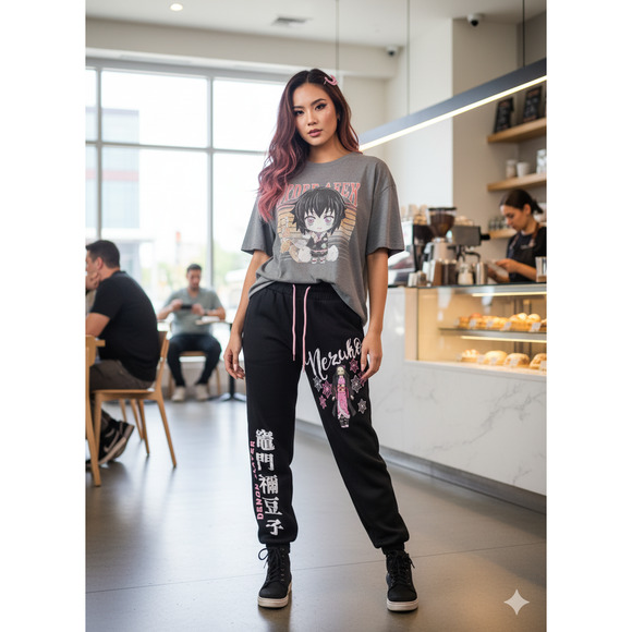 Demon Slayer Mezuko Japanese Anime Black Soot Sweat Pants Womens Size Small - Picture 1 of 8